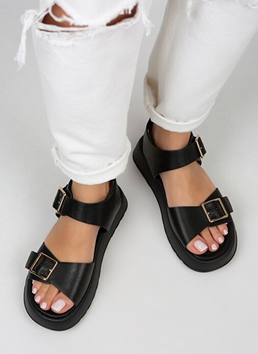 Manijero Vena Kadın Hakiki Deri Tokalı Siyah Sandalet - Görsel 7