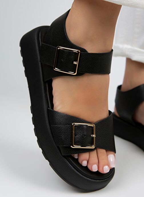 Manijero Vena Kadın Hakiki Deri Tokalı Siyah Sandalet - Görsel 6