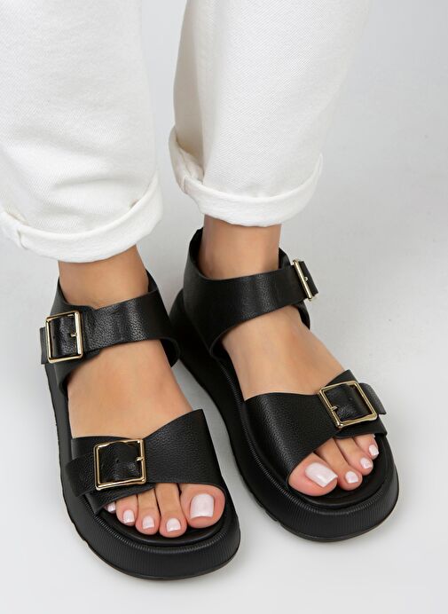 Manijero Vena Kadın Hakiki Deri Tokalı Siyah Sandalet - Görsel 3