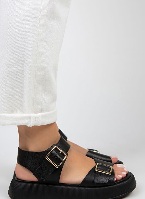Manijero Vena Kadın Hakiki Deri Tokalı Siyah Sandalet - Görsel 2