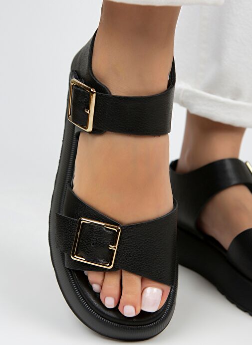 Manijero Vena Kadın Hakiki Deri Tokalı Siyah Sandalet - Görsel 5