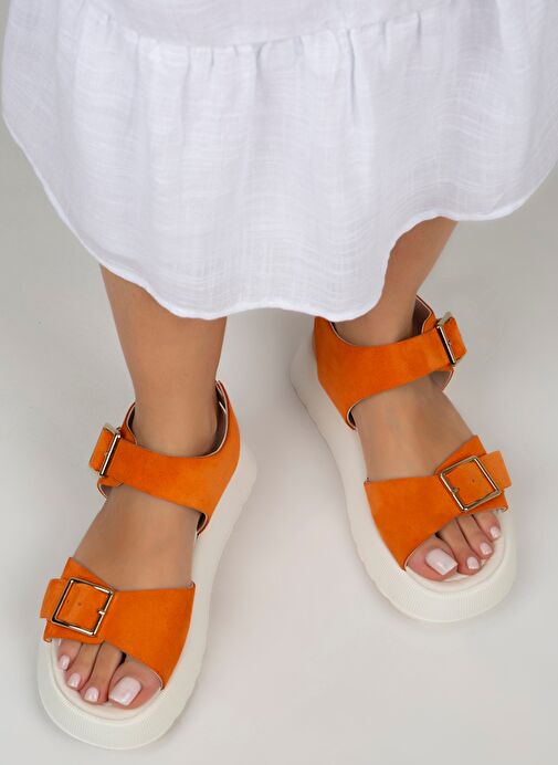 Manijero Vena Kadın Hakiki Deri Tokalı Turuncu Sandalet - Görsel 4