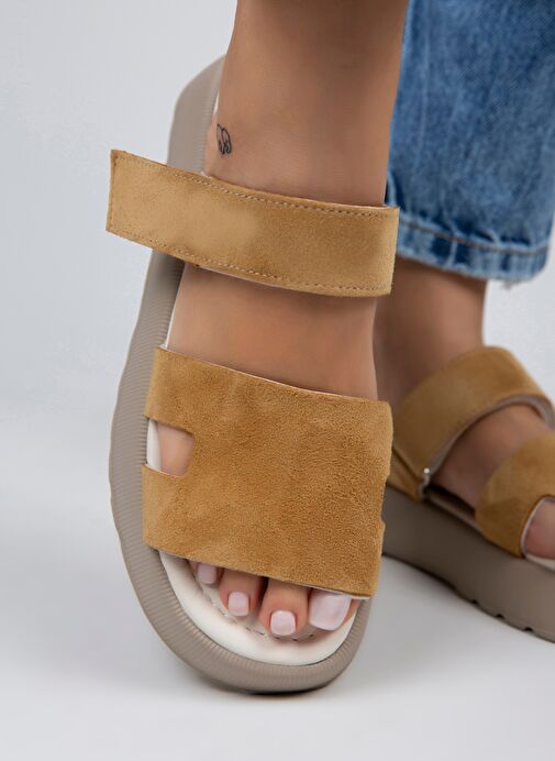 Manijero Seina Kadın Hakiki Deri Cırtlı Terlik Hardal Terlik - Görsel 4