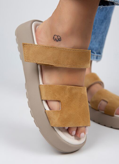 Manijero Seina Kadın Hakiki Deri Cırtlı Terlik Hardal Terlik - Görsel 5