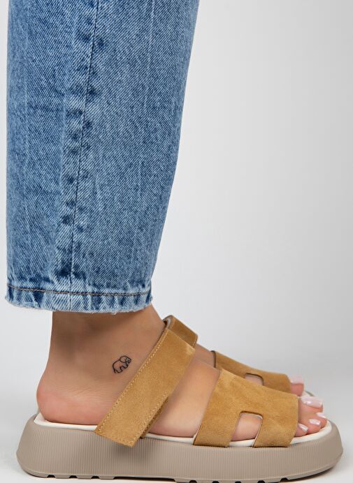 Manijero Seina Kadın Hakiki Deri Cırtlı Terlik Hardal Terlik - Görsel 3