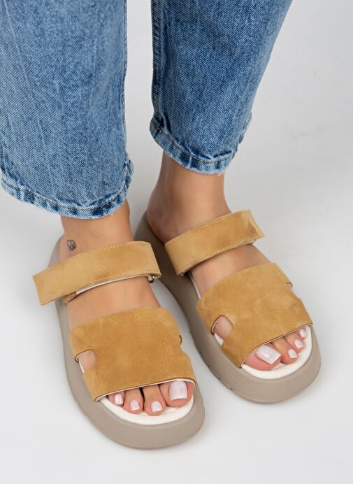 Manijero Seina Kadın Hakiki Deri Cırtlı Terlik Hardal Terlik - Görsel 2