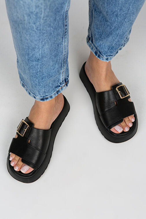 Manijero Begonia Kadın Hakiki Deri Tokalı Siyah Terlik - Görsel 2