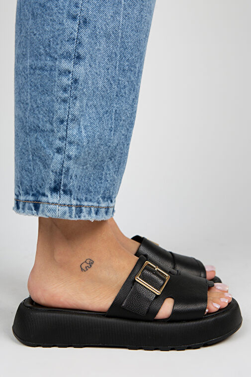 Manijero Begonia Kadın Hakiki Deri Tokalı Siyah Terlik - Görsel 3