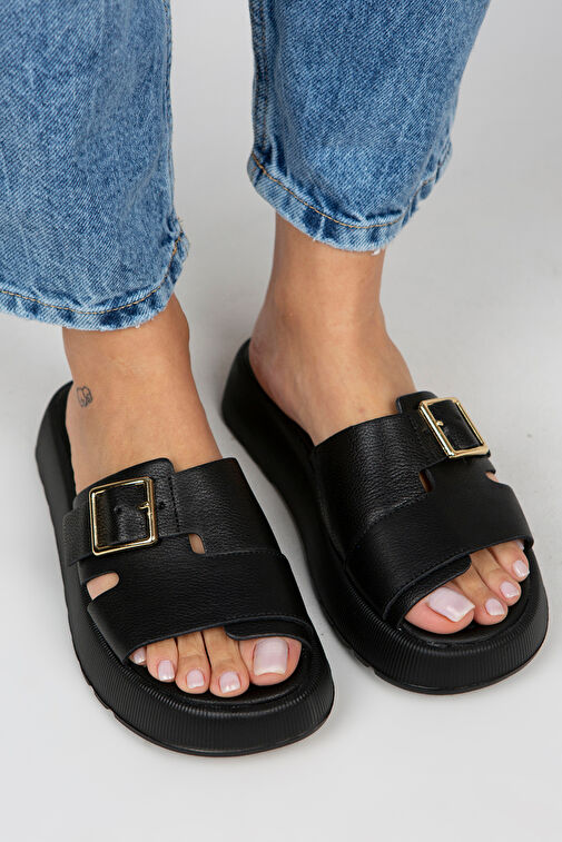 Manijero Begonia Kadın Hakiki Deri Tokalı Siyah Terlik - Görsel 4