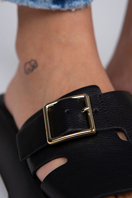 Manijero Begonia Kadın Hakiki Deri Tokalı Siyah Terlik - Görsel 5