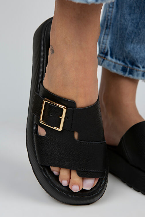 Manijero Begonia Kadın Hakiki Deri Tokalı Siyah Terlik - Görsel 6