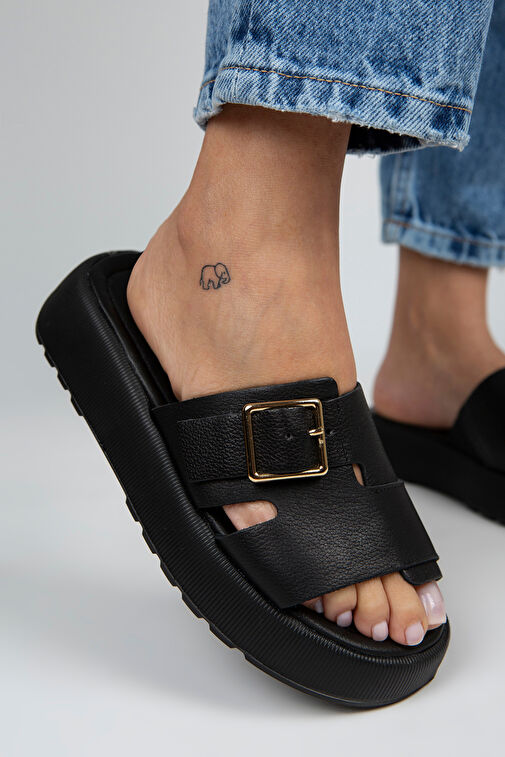 Manijero Begonia Kadın Hakiki Deri Tokalı Siyah Terlik - Görsel 7