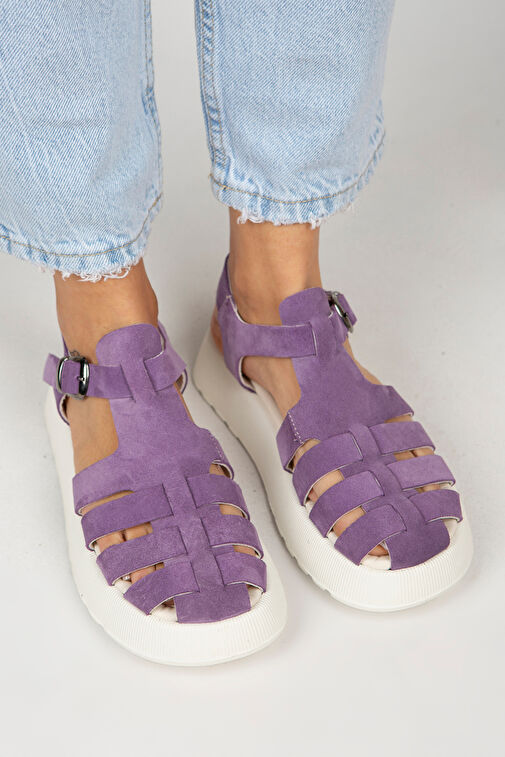 Manijero Rosa Kadın Hakiki Deri Tokalı Mor Sandalet - Görsel 4