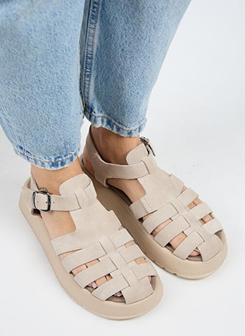 Manijero Rosa Kadın Hakiki Deri Tokalı Bej Sandalet - Görsel 4