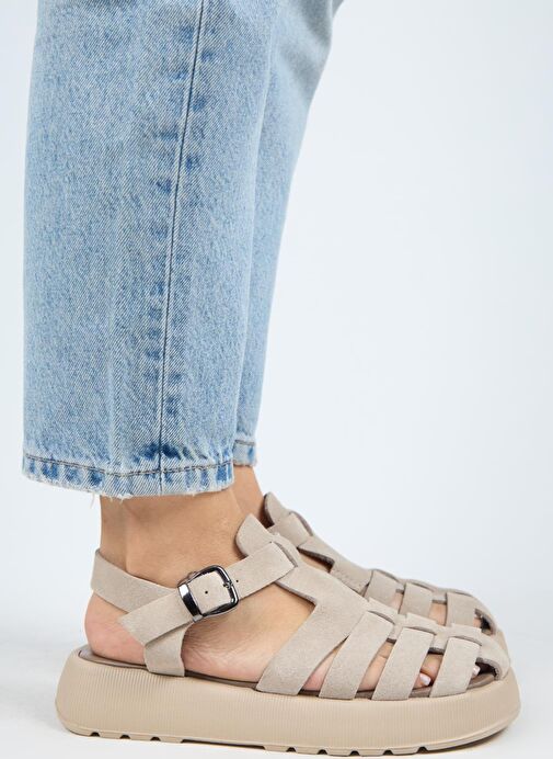 Manijero Rosa Kadın Hakiki Deri Tokalı Bej Sandalet - Görsel 3