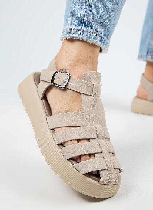 Manijero Rosa Kadın Hakiki Deri Tokalı Bej Sandalet - Görsel 2