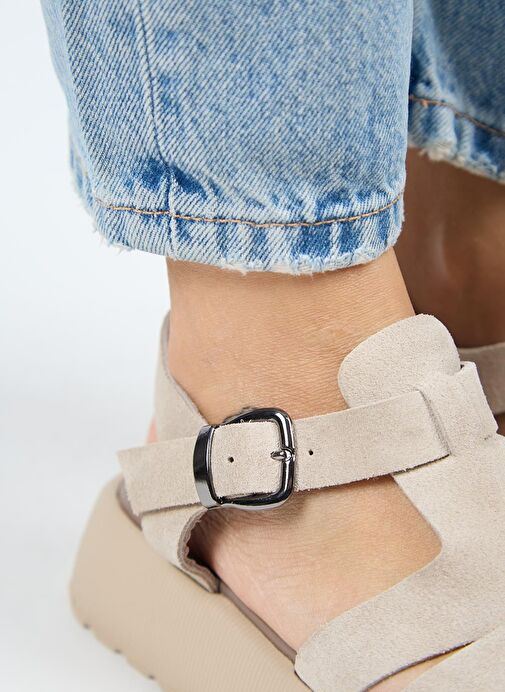 Manijero Rosa Kadın Hakiki Deri Tokalı Bej Sandalet - Görsel 5