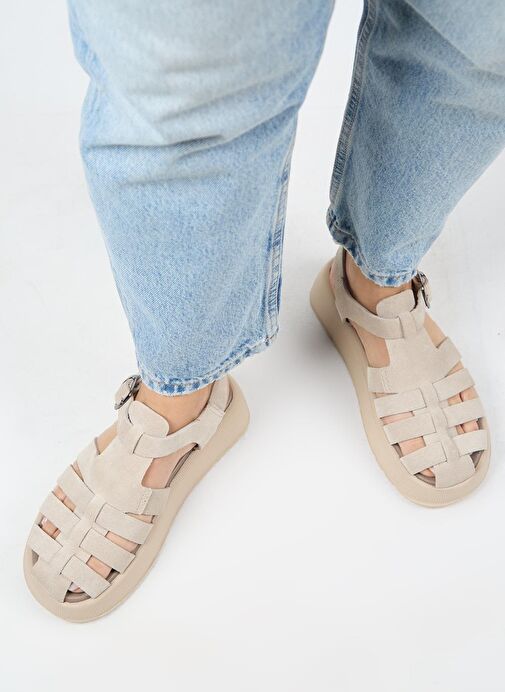 Manijero Rosa Kadın Hakiki Deri Tokalı Bej Sandalet - Görsel 8