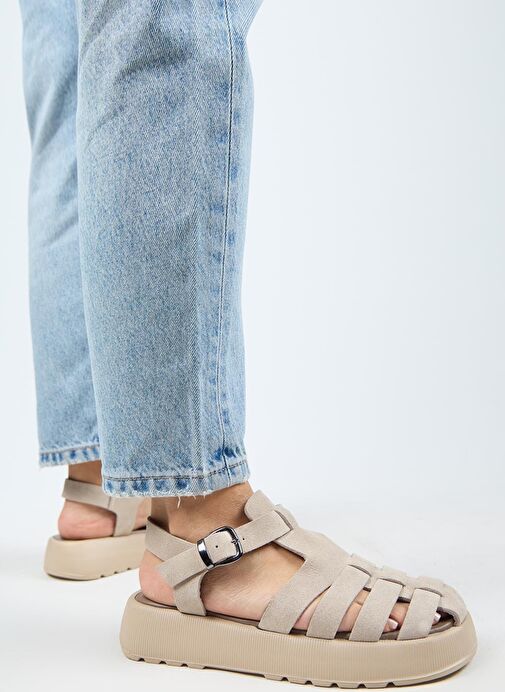 Manijero Rosa Kadın Hakiki Deri Tokalı Bej Sandalet - Görsel 7