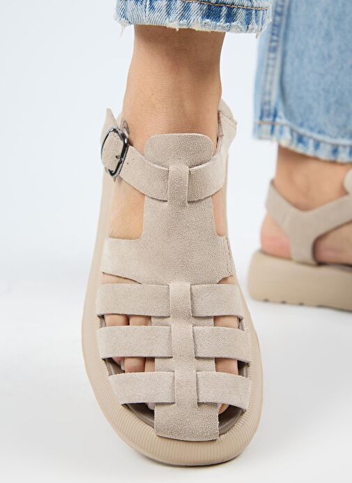 Manijero Rosa Kadın Hakiki Deri Tokalı Bej Sandalet - Görsel 6