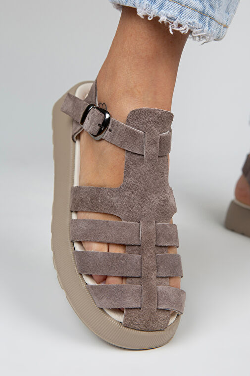 Manijero Rosa Kadın Hakiki Deri Tokalı Vizon Sandalet - Görsel 3