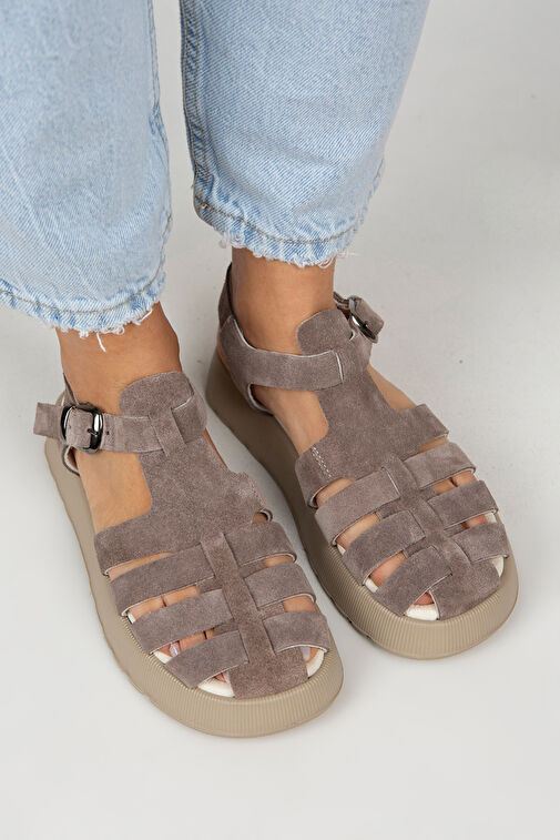 Manijero Rosa Kadın Hakiki Deri Tokalı Vizon Sandalet - Görsel 4