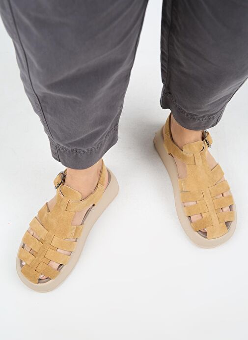 Manijero Rosa Kadın Hakiki Deri Tokalı Taba Sandalet - Görsel 7