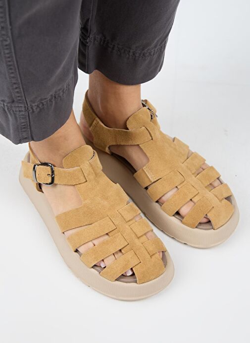 Manijero Rosa Kadın Hakiki Deri Tokalı Taba Sandalet - Görsel 3