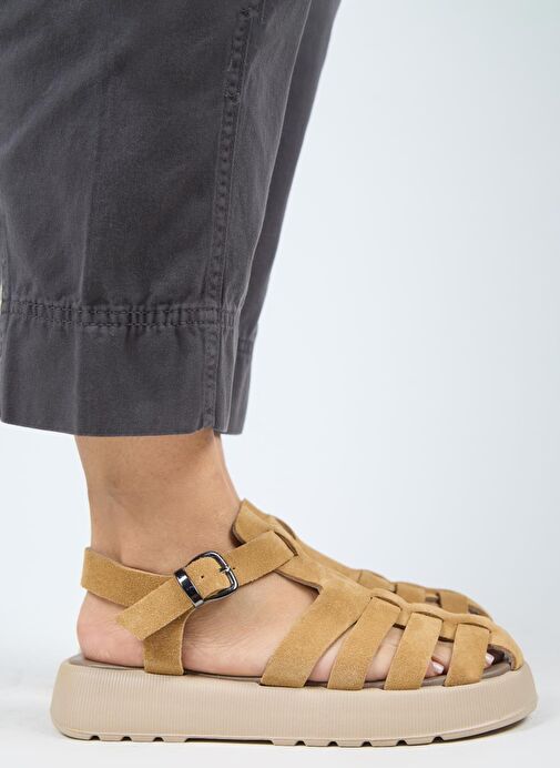 Manijero Rosa Kadın Hakiki Deri Tokalı Taba Sandalet - Görsel 2