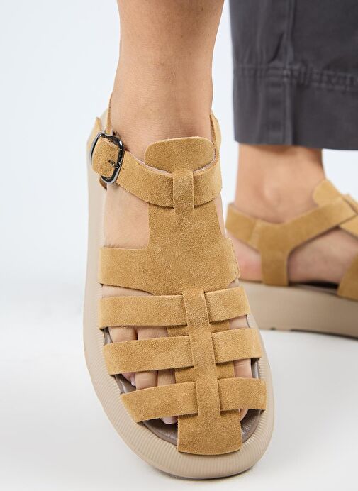 Manijero Rosa Kadın Hakiki Deri Tokalı Taba Sandalet - Görsel 5