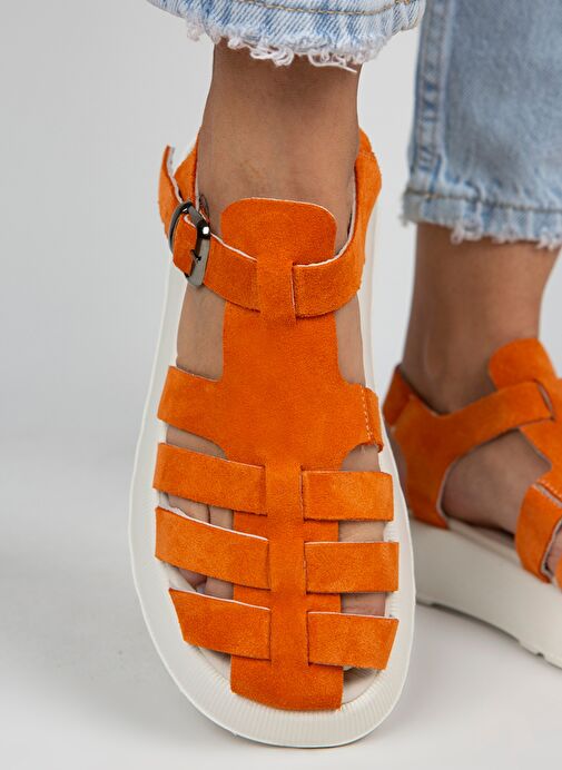 Manijero Rosa Kadın Hakiki Deri Tokalı Turuncu Sandalet - Görsel 7