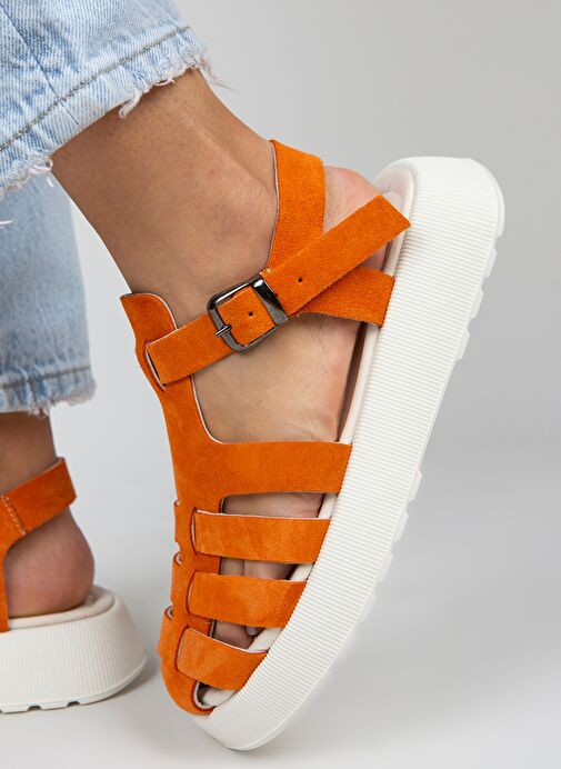 Manijero Rosa Kadın Hakiki Deri Tokalı Turuncu Sandalet - Görsel 2