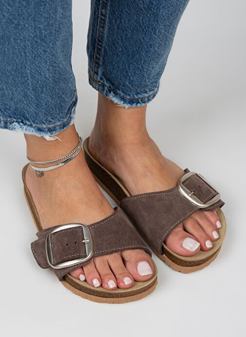 Manijero Kahverengi-Gümüş Kadın Süet Terlik MNJ.022.07 - Görsel 3