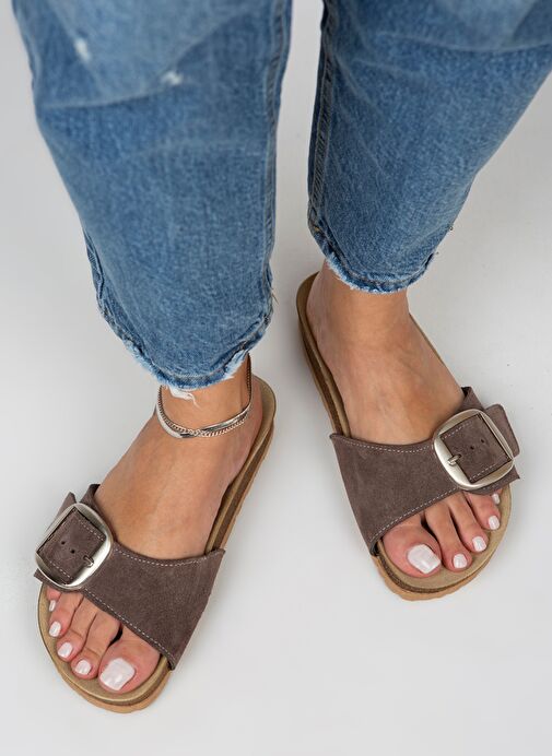 Manijero Kahverengi-Gümüş Kadın Süet Terlik MNJ.022.07 - Görsel 2