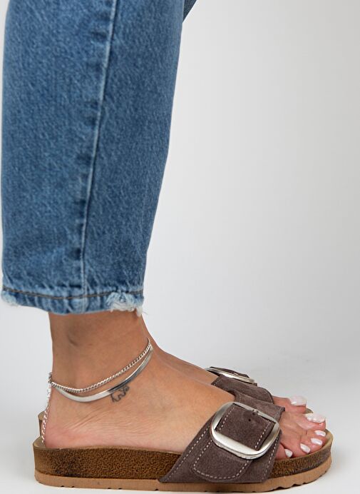 Manijero Kahverengi-Gümüş Kadın Süet Terlik MNJ.022.07 - Görsel 5