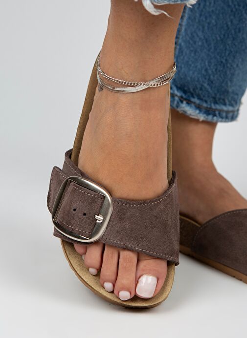 Manijero Kahverengi-Gümüş Kadın Süet Terlik MNJ.022.07 - Görsel 4