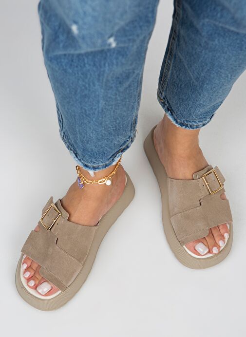 Manijero Begonia Kadın Hakiki Deri Tek Bant Vizon Terlik - Görsel 2