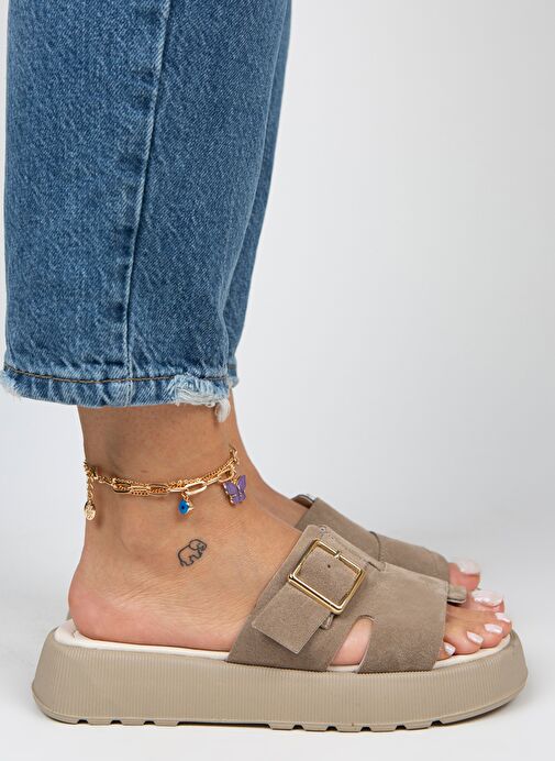 Manijero Begonia Kadın Hakiki Deri Tek Bant Vizon Terlik - Görsel 3