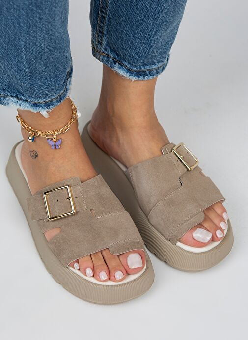 Manijero Begonia Kadın Hakiki Deri Tek Bant Vizon Terlik - Görsel 4