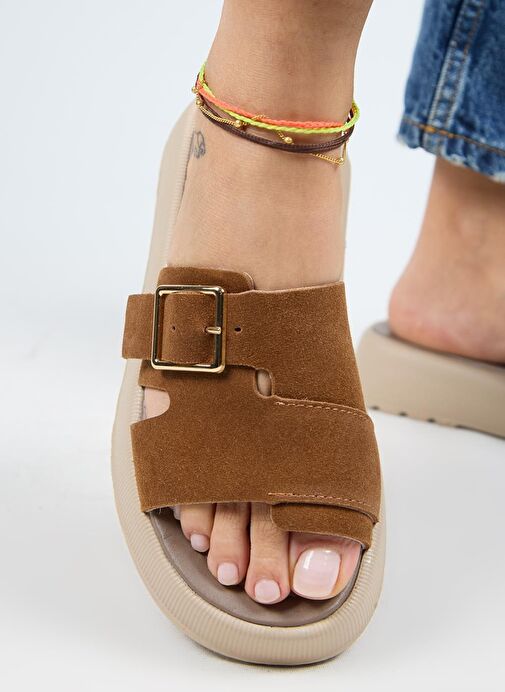 Manijero Begonia Kadın Hakiki Deri Tek Bant Taba Terlik - Görsel 6