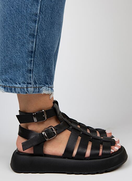 Manijero Benia Kadın Hakiki Deri Kafesli Sandalet Siyah Sandalet - Görsel 2