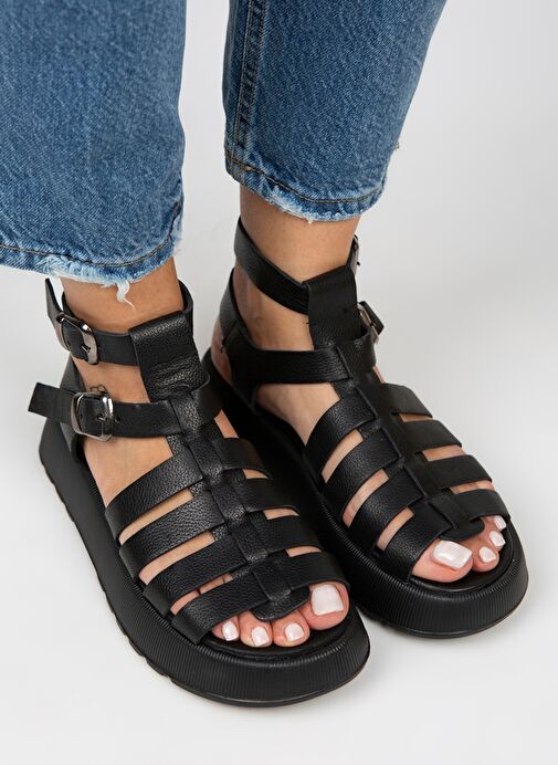 Manijero Benia Kadın Hakiki Deri Kafesli Sandalet Siyah Sandalet - Görsel 3
