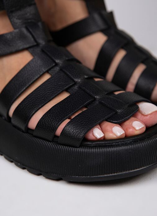 Manijero Benia Kadın Hakiki Deri Kafesli Sandalet Siyah Sandalet - Görsel 4