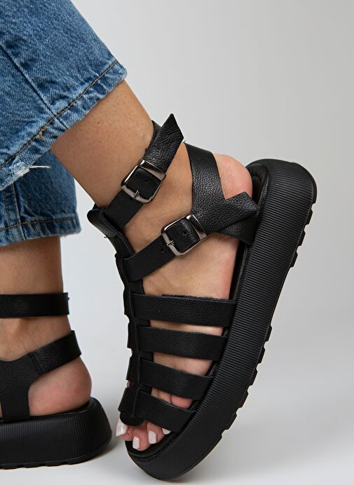 Manijero Benia Kadın Hakiki Deri Kafesli Sandalet Siyah Sandalet - Görsel 7