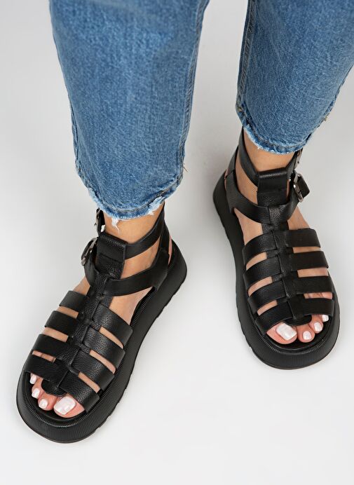 Manijero Benia Kadın Hakiki Deri Kafesli Sandalet Siyah Sandalet - Görsel 8