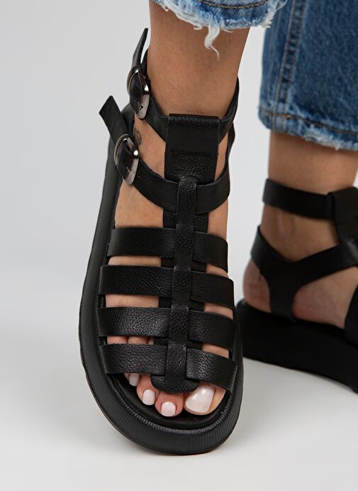 Manijero Benia Kadın Hakiki Deri Kafesli Sandalet Siyah Sandalet - Görsel 6
