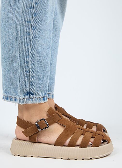 Manijero Rosa Kadın Hakiki Deri Kafesli Sandalet Koyu Taba Sandalet - Görsel 5