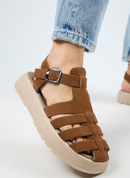 Manijero Rosa Kadın Hakiki Deri Kafesli Sandalet Koyu Taba Sandalet - Görsel 2