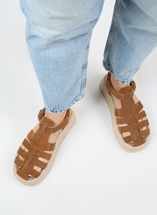 Manijero Rosa Kadın Hakiki Deri Kafesli Sandalet Koyu Taba Sandalet - Görsel 8