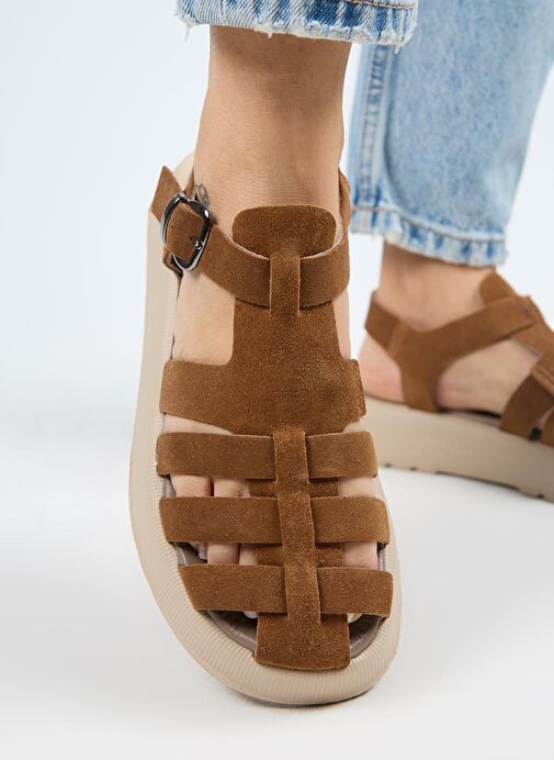 Manijero Rosa Kadın Hakiki Deri Kafesli Sandalet Koyu Taba Sandalet - Görsel 6